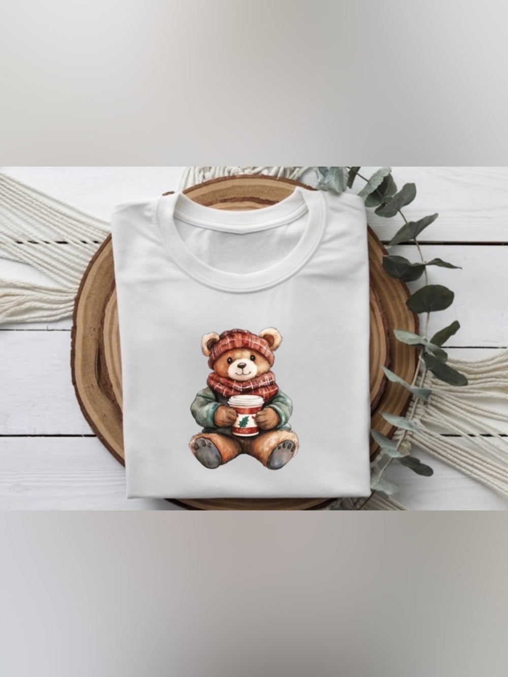 Christmas Teddy Bear Coffee Shirt Cute Holiday Graphic Tee White Top